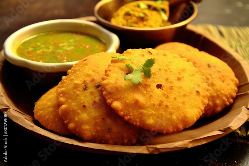 A plate of Bengali food with dal puri served with a side of dipping sauce. Generative AI