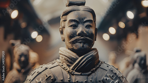 An epic shot of a Chinese terracotta warrior with his distinctive armor and weapon.