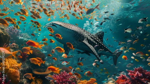 A school of colorful fish swimming alongside a whale shark, forming a symbiotic relationship as they feed on the scraps left behind by the gentle giant, a stunning display of marine biodiversity.