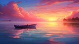 The beauty of dusk is captured in this mesmerizing image, with the solitary boat gently rocking on the calm waters under the colorful palette of the setting sun