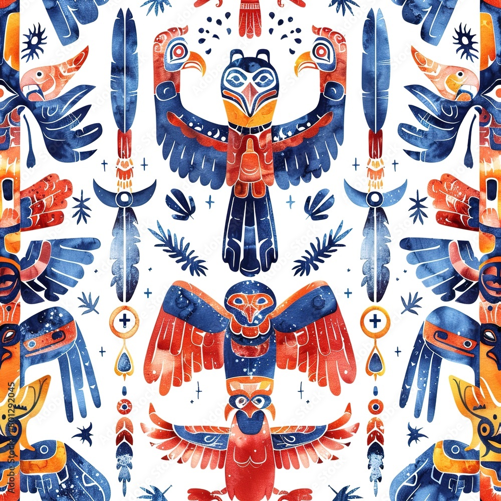 Totem poles and spirit animals, totemic boho watercolor, seamless pattern, bold colors and sacred symbols, ancestral connections. Seamless Pattern, Fabric Pattern, Tumbler Wrap, Mug Wrap.