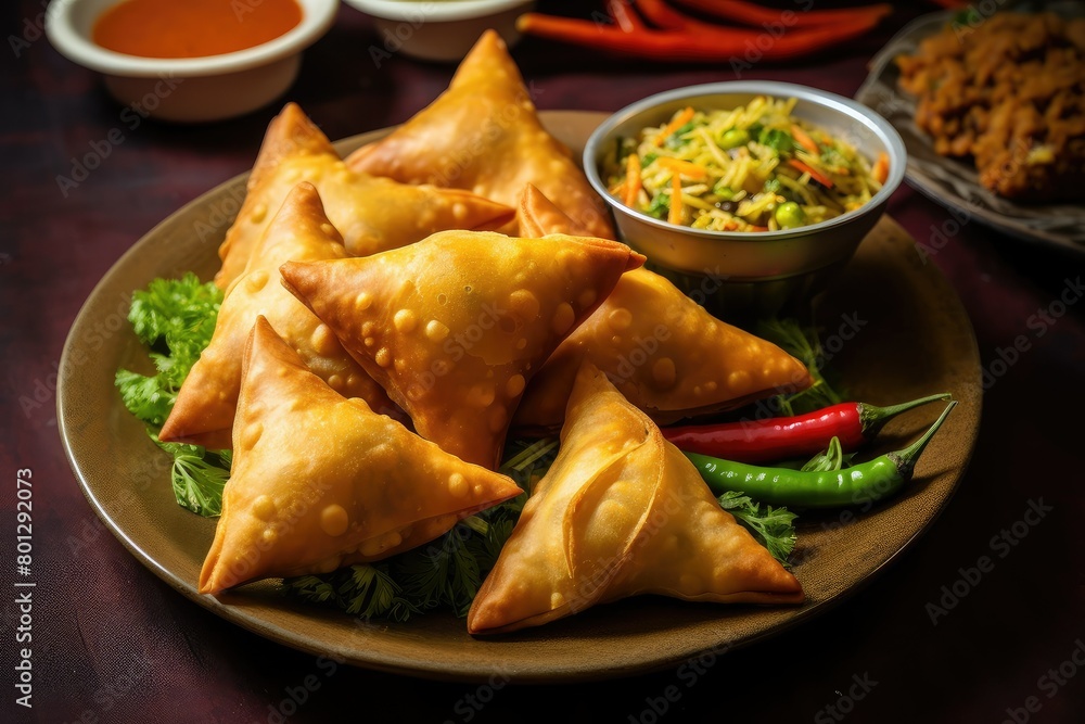 A plate of Bengali food samosa served with a bowl of dipping sauce on a table. Generative AI A plate of Bengali food samosa served with a bowl of dipping sauce on a table. Generative AI