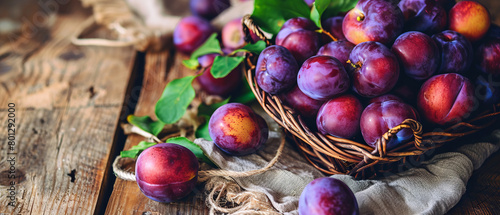 A basket of purple plums sits on a wooden table photo