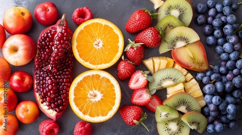 Craft an image highlighting the vitamin content of various fruits