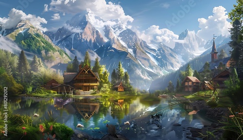 A wooden house in the mountains  with snowcapped peaks and green grass around it. In front of them is an mirrorlike lake reflecting the majestic mountain range