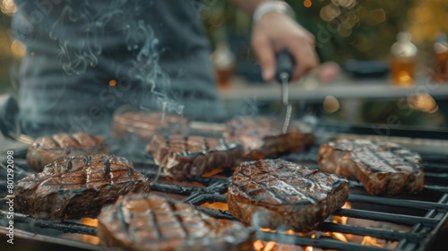 A steak enthusiast grilling steaks on a backyard barbecue, surrounded by friends and family eager to taste the mouthwatering results. photo