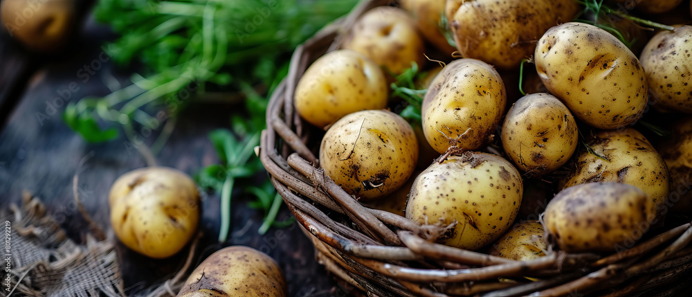 A basket full of potatoes with some green leaves in the background
