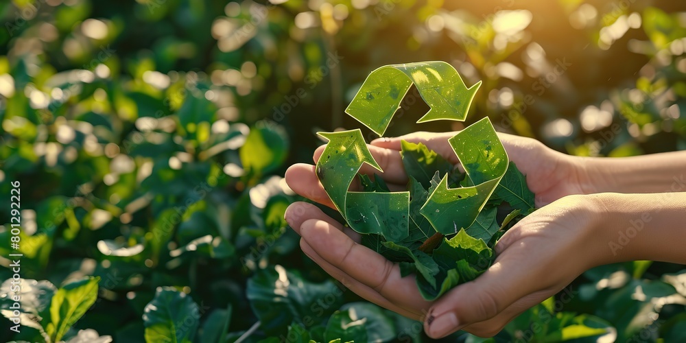 Hands holding green reduce reuse recycle symbol made from leaves on ...