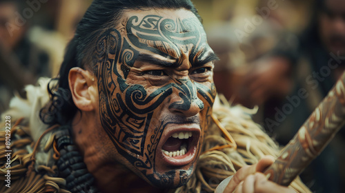 An epic shot of a Maori warrior performing a haka, showcasing his intricate facial tattoos.