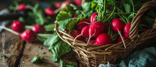 A basket full of red radishes on a wooden table