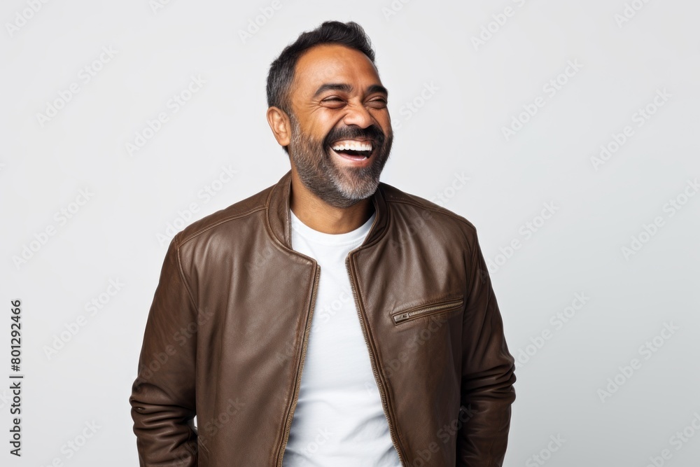Portrait of a cheerful indian man in his 40s wearing a trendy bomber jacket over white background Portrait of a cheerful indian man in his 40s wearing a trendy bomber jacket over white background