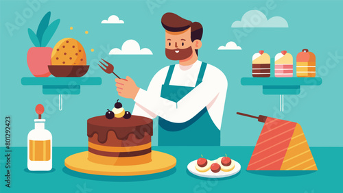 While meticulously crafting a decadent chocolate cake a man finds respite from the stress of his busy day..