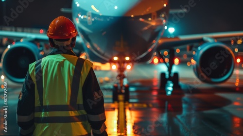 airport ground crew guiding a plane on the tarmac, easily identifiable by their fluorescent safety vests and helmets, ensuring smooth and safe operations on the runway
