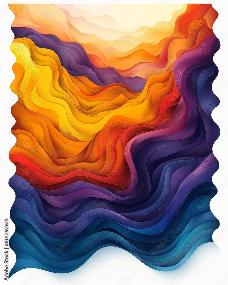 Create an abstract landscape painting using vibrant colors and a fluid, wavy pattern. The painting should have a sense of depth and movement, and should draw the viewer in to explore its details. The Create an abstract landscape painting using vibrant colors and a fluid, wavy pattern. The painting should have a sense of depth and movement, and should draw the viewer in to explore its details. The