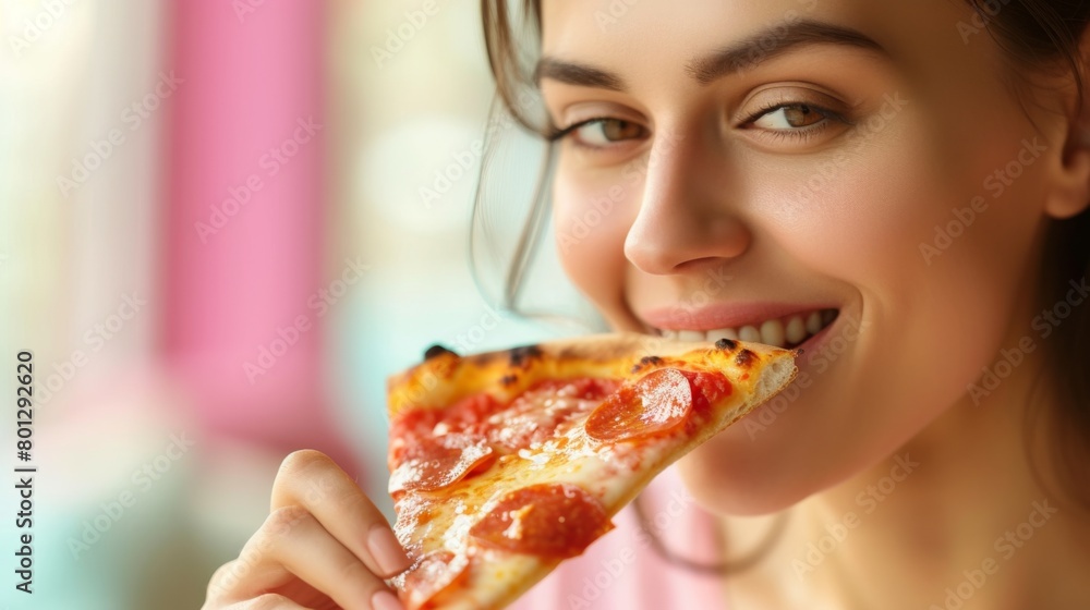 Woman savoring a slice of pizza against a soft pastel backdrop