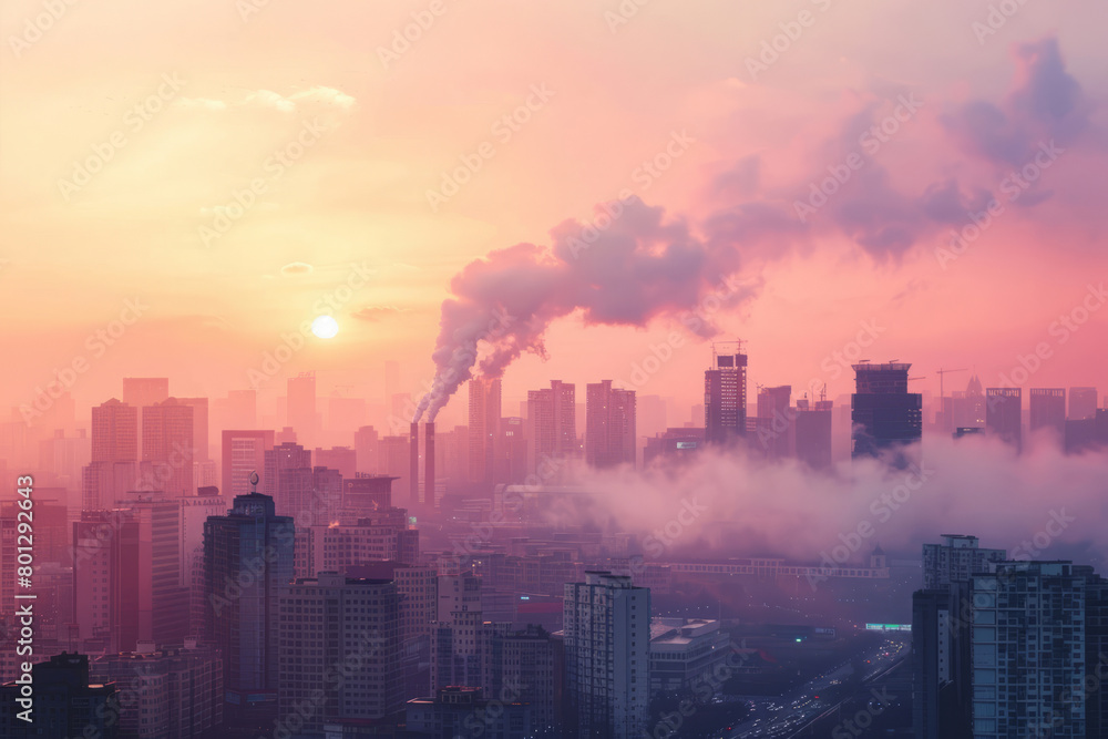 Fototapeta premium Aerial view of city in smog at sunset. Cityscape with high rise buildings in morning haze. Air pollution concept