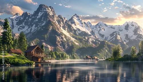 A wooden house in the mountains, with snowcapped peaks and green grass around it. In front of them is an mirrorlike lake reflecting the majestic mountain range
