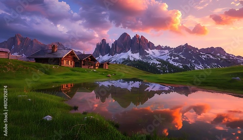 A wooden house in the mountains, with snowcapped peaks and green grass around it. In front of them is an mirrorlike lake reflecting the majestic mountain range