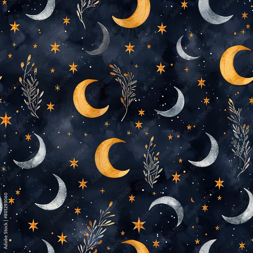 Moon phase and star wreaths, cosmic boho watercolor, seamless pattern, silver moons and golden stars, celestial cycle. Seamless Pattern, Fabric Pattern, Tumbler Wrap, Mug Wrap.