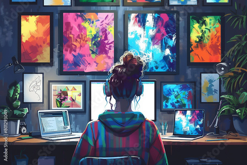 Techsavvy artist selling digital art via blockchain colorful artwork and laptop in the scene