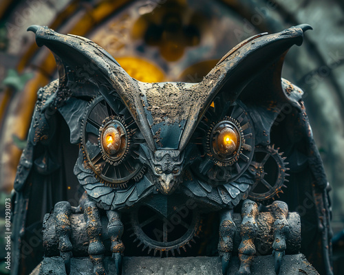 Ancient stone bat statue entwined with gears eyes glowing with a mystic light