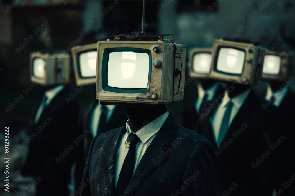 Men with TV instead of head on dark background. TV addiction, propaganda and fake news concept Men with TV instead of head on dark background. TV addiction, propaganda and fake news concept