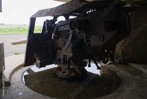 Longues-sur-Mer  France - Apr 26  2024  German Longues-sur-Mer battery during Second World War. It is the only one in the region to have kept its guns. Rainy spring day. Selective focus.