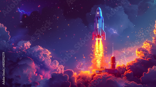 A pixel art spaceship blasting off from a retro launchpad leaving a trail of vibrant pixels in its wake photo