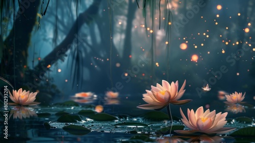 An enchanting fairytale scene  with lotus blooms floating on a magical pond  surrounded by towering trees and twinkling fireflies