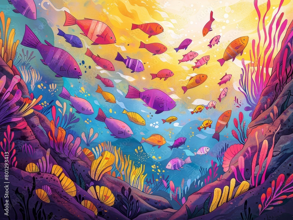 A beautiful painting of a coral reef with many colorful fish swimming around.