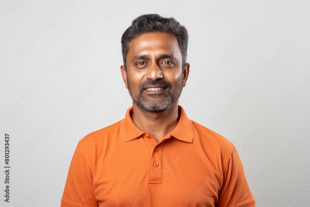 Portrait of a happy indian man in his 40s wearing a sporty polo shirt isolated in white background Portrait of a happy indian man in his 40s wearing a sporty polo shirt isolated in white background