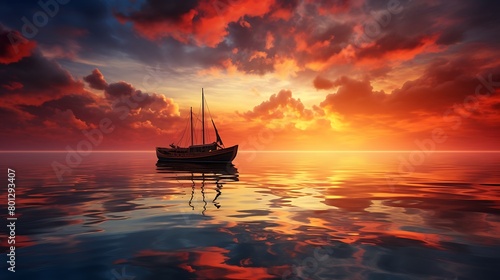 The tranquil waters mirror the fiery sky as the sun sets, enveloping the solitary boat in a warm embrace against the backdrop of the ocean horizon photo