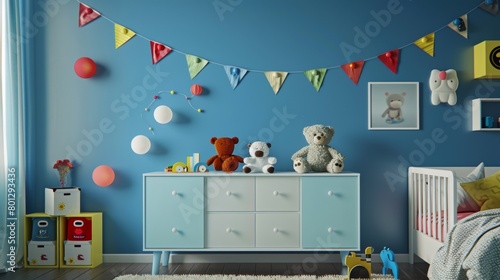 Detailed setup of a kid's bedroom, blue walls, adorned with plush toys, a modern sideboard, colorful garlands, and vibrant, playful accents