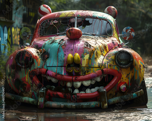 This is a photo of a clown car. The car is painted with bright colors and has a clown face on the front. The car is parked in a