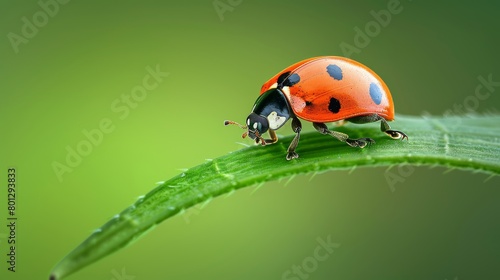 Charming ladybug gracefully perched on a vibrant, lush green leaf in a picturesque scene © Ilja