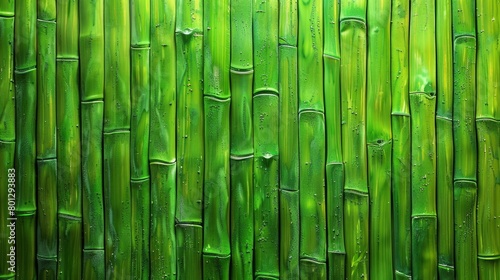 Verdant oasis  A vibrant green bamboo wall adorned with an abundance of fresh green leaves.