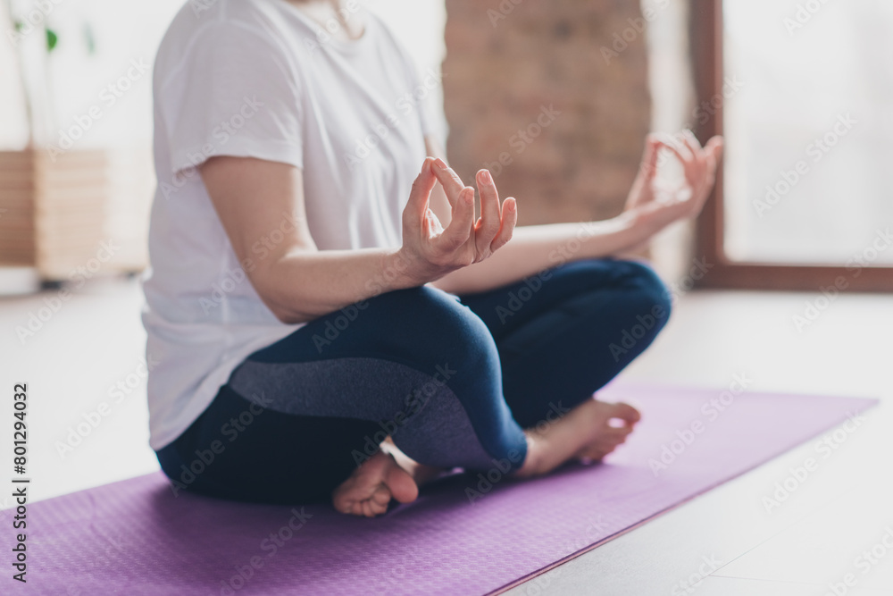Cropped photo of nice pensioner woman meditate crossed legs exercises sportswear home exercising routine living room healthy lifestyle Cropped photo of nice pensioner woman meditate crossed legs exercises sportswear home exercising routine living room healthy lifestyle