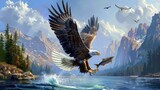 Bald Eagle swooping in to catch a fish off the surface of the water. AI generative illustrations