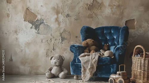 Creative composition of a children's room interior, with a focus on a luxurious blue velvet chair, soft toys, and a rustic wicker basket, set against a textured beige wall