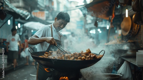 A street vendor frying crispy chicken in a large wok at a bustling market, attracting customers with the tantalizing aroma of freshly cooked chicken. photo