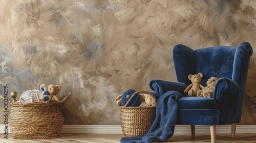 Creative composition of a children's room interior, with a focus on a luxurious blue velvet chair, soft toys, and a rustic wicker basket, set against a textured beige wall