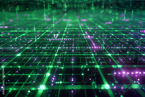 Futuristic grid landscape, illuminated by neon green and purple lights, suggesting advanced virtual reality.