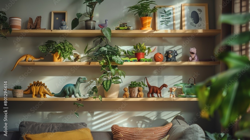 Cozy kids room close-up, shelves adorned with plants, dinosaur toys, and dolls, reflecting lively home decor, living room ambiance