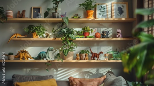 Cozy kids room close-up, shelves adorned with plants, dinosaur toys, and dolls, reflecting lively home decor, living room ambiance © Paul