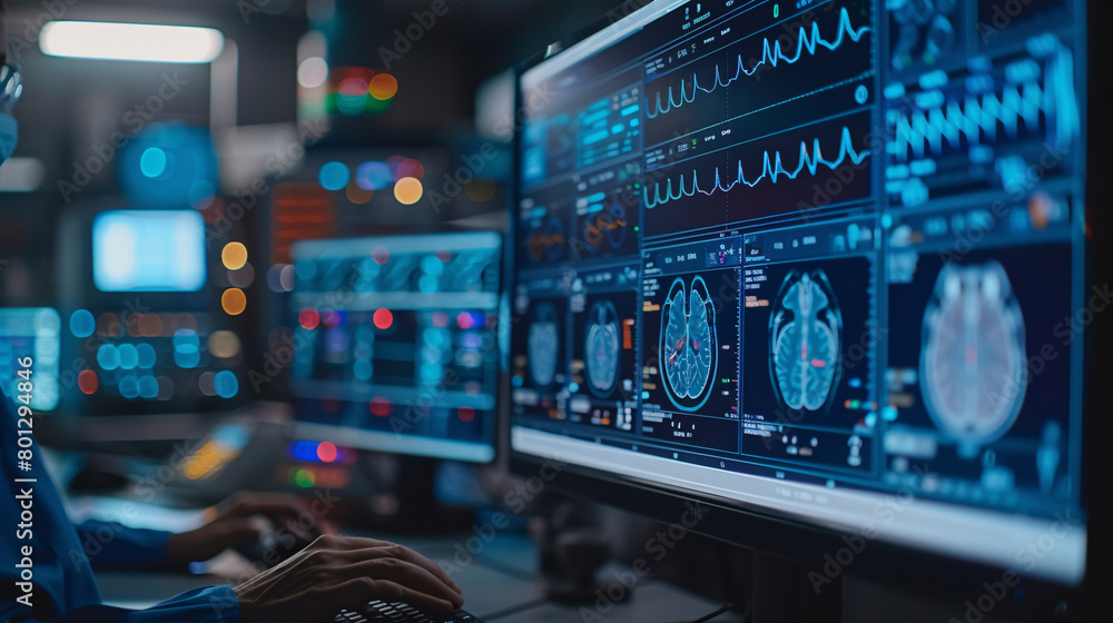 Witness the power of high-speed 5G network in healthcare with a close-up of real-time medical data analysis, showcasing patient health trends and predictive analytics.