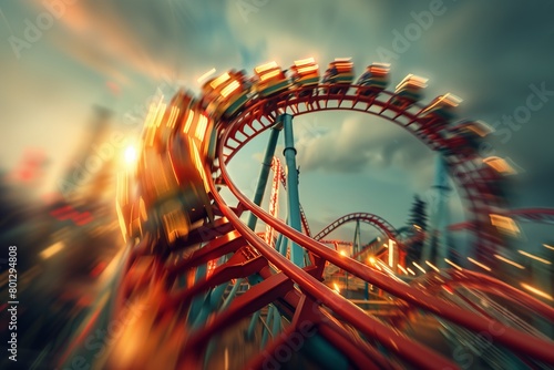 Roller coaster. Wagon in motion sunset sky clouds
