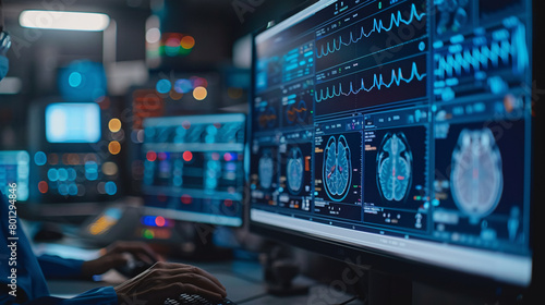 Witness the power of high-speed 5G network in healthcare with a close-up of real-time medical data analysis, showcasing patient health trends and predictive analytics. © eaglesky