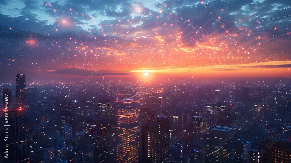 Fototapeta premium Digital Dawn: Cityscape with Symbolic Network Overlay