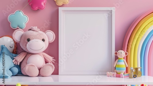 Cozy interior of a kids' room, showcasing a white desk with a mock-up frame, surrounded by a plush monkey and a colorful rainbow ornament © Paul