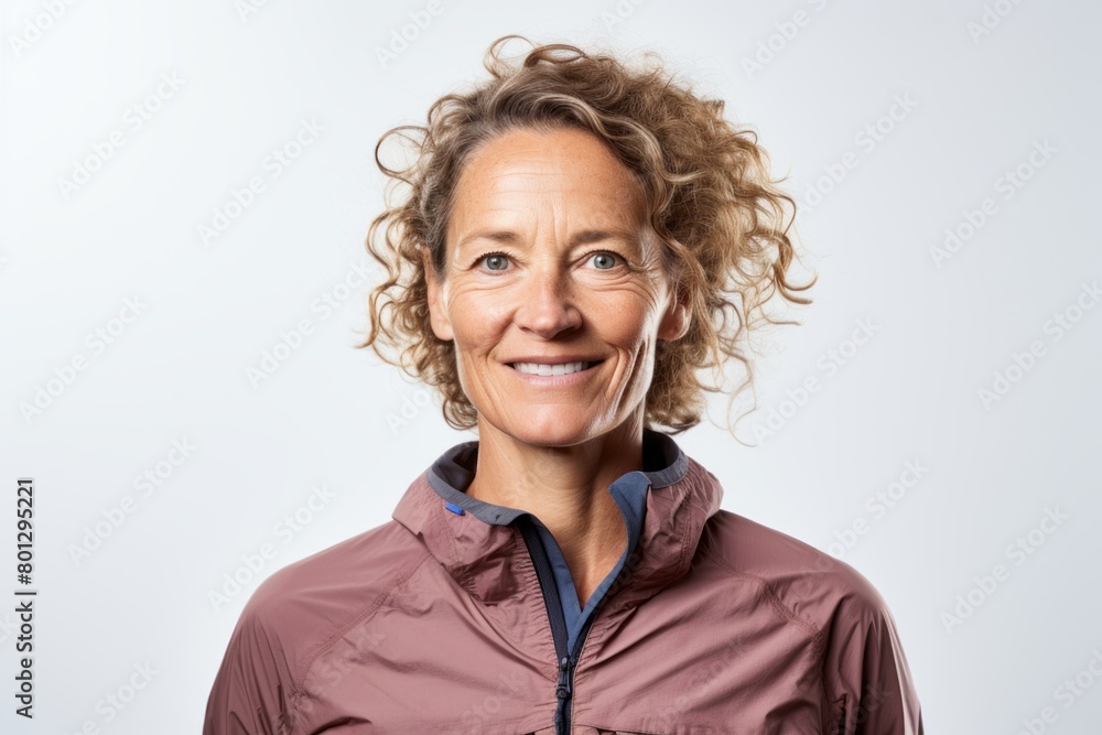 Portrait of a content woman in her 50s sporting a technical climbing shirt on white background Portrait of a content woman in her 50s sporting a technical climbing shirt on white background